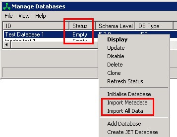 Server Utilities - Manage DBs menu - Initialised DB